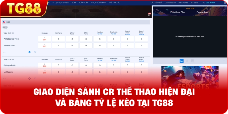 Giao diện sảnh CR Thể Thao hiện đại và bảng tỷ lệ kèo tại TG88
